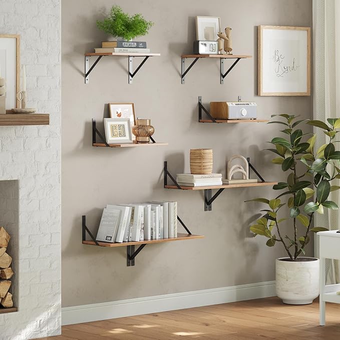 DINZI LVJ Deep Floating Shelves, 16"W x 12"D Wall Shelves Set of 2, Wide Display Shelf Wall Mounted with Brackets, Easy-to-Install Floating Bookshelf for Living Room, Bathroom, Bedroom, Rustic Brown