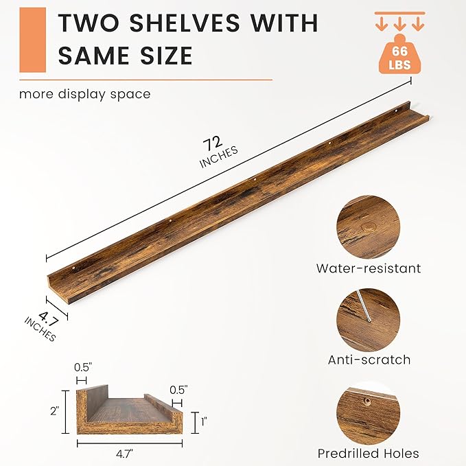 Picture Ledge Shelf, Floating Shelves Set of 2, 72 Inches Long Large Nursery Book Shelves for Toys Storage, Kids Bookshelf Wall Mounted for Living Room Bedroom Decor Books Photo Frames
