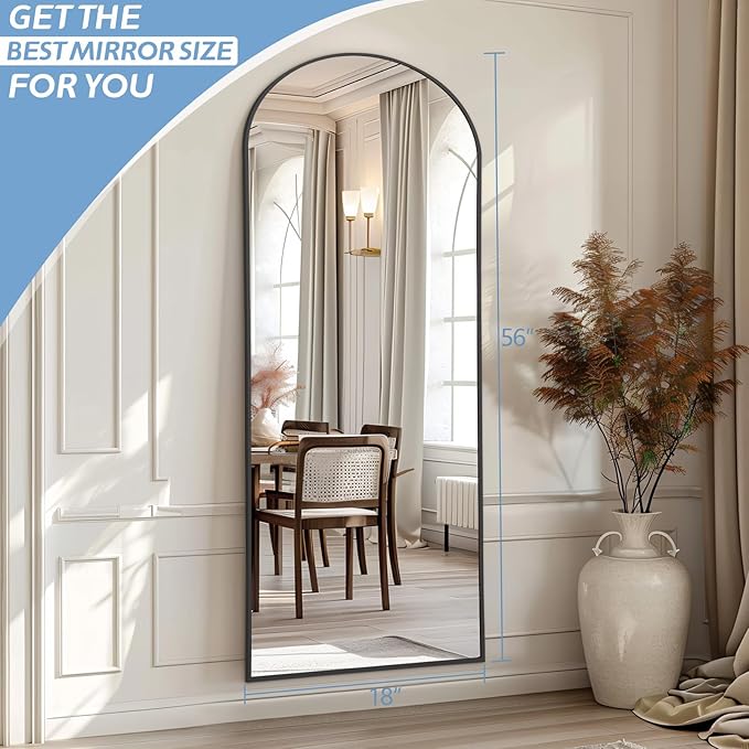 56"X18" Full Length Mirror, Black Floor Mirror with Stand Hanging or Leaning Against Wall Aluminum Alloy Frame Wall Mirror Full Length Tempered Glass for Bedroom Living Room