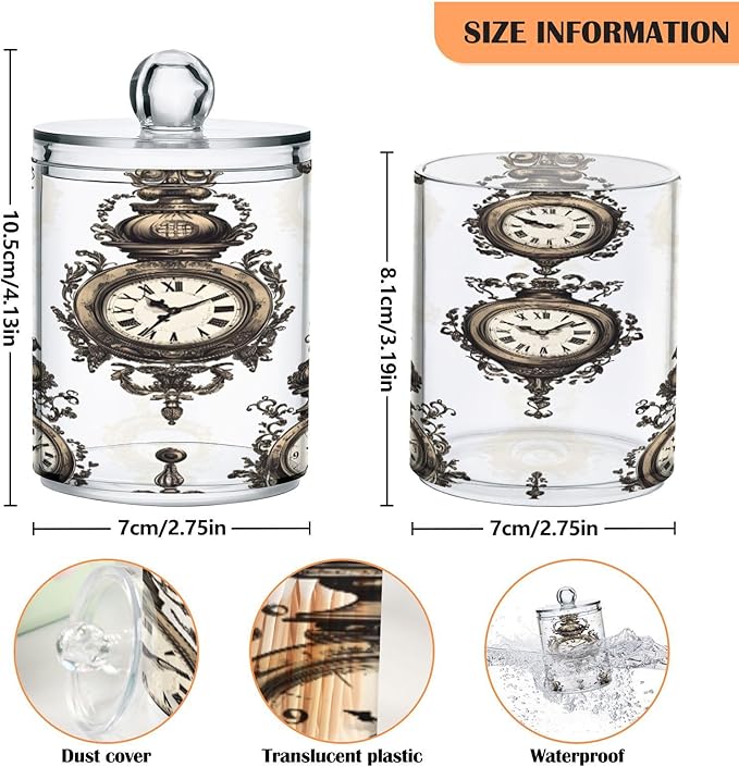 Nander 4Pack Clock Qtip Holder Dispenser -Clear Plastic Apothecary Jars Set - Restroom Bathroom Makeup Organizers Containers for Cotton Swab, Ball, Pads, Floss