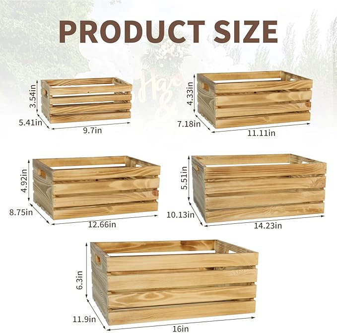 Wooden Crates for Display Large Rustic Nesting Wooden Basket with Handle, Farmhouse Wood Crate for Storage and Container, 5 Size Multipurpose Wood Basket for Fruits Vegetables Boxes XL
