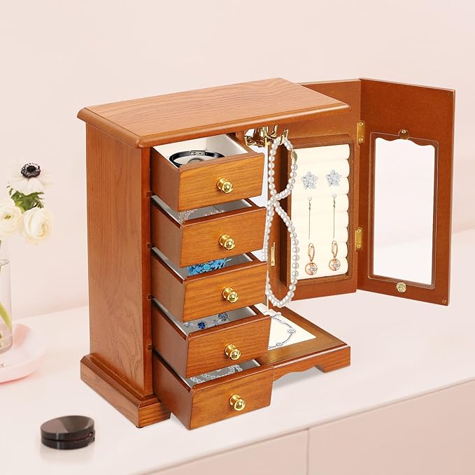 Wooden Jewelry Box, Jewelry Organizer With 5 Drawers Built-in Necklace Carousel and Mirror for Necklaces, Earring, Rings (Light Wood Color)