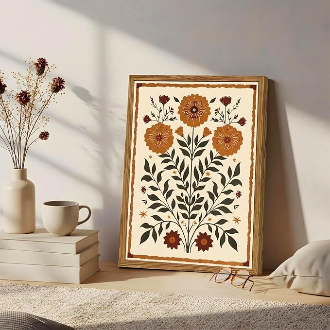 Framed Vintage Mexican Floral Wall Art, Boho Flower Pictures Wall Decor, Folk Marigolds Botanical Paintings Canvas Prints Rustic Home Decor for Living Room Bedroom 16x24 inch