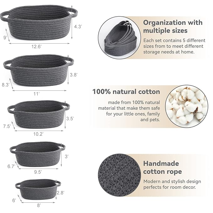 VOOWO Set of 5 Rectangular Cotton Rope Baskets for Storage, Organizing, Decorating, Dark Gray