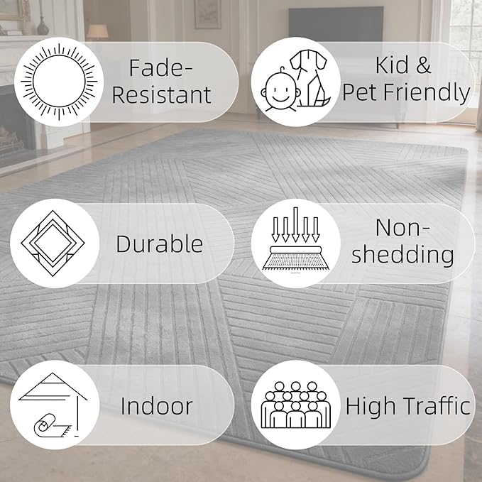 Gray 5x7 Modern Geometric Area Rug – Washable Living Room Rug, Minimalist Linear Carpet with Soft High-Low Pile, Fluffy Floor Rugs for Bedroom, Kids Room, Nursery, Home Décor, Grey