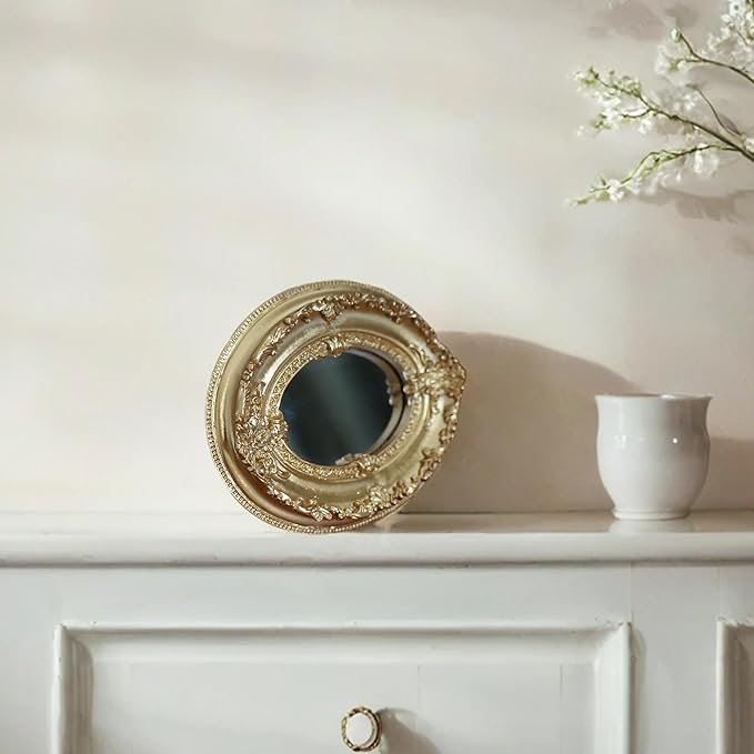 Golden Mini Vintage Mirror with Exquisite Relief Elegant Wall Decor for Bedroom Dresser Table Compact Resin Retro Design (Golden Oval, 4.7 X5.5)