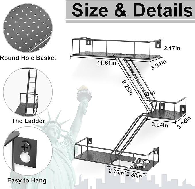 Fire Escape Shelf - 3 Tier Metal Black Fire Escape Wall Shelves with Baskets, New York Action Figurine Display Shelf, Unique Rustic Floating Decorative Wall Shelves for Any Room