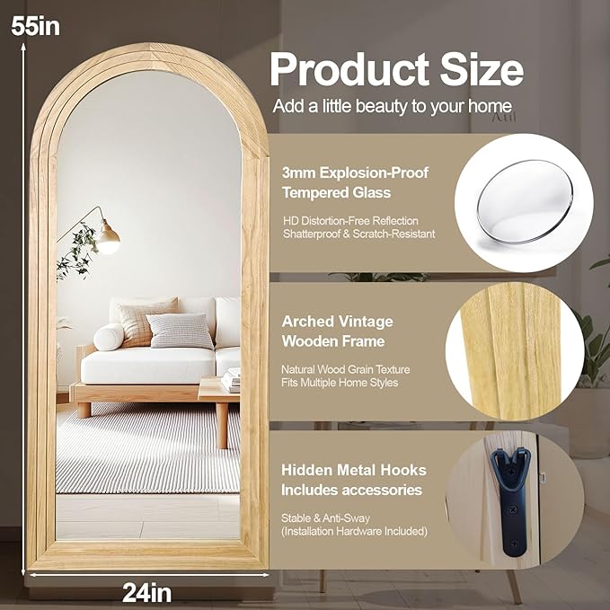 Delma Arched Full Length Floor Mirror with Stand, 55x24 Rustic Farmhouse Solid Wood Frame Wall Mirror for Bedroom, Living Room, Vertical Hanging & Standing(Natural)