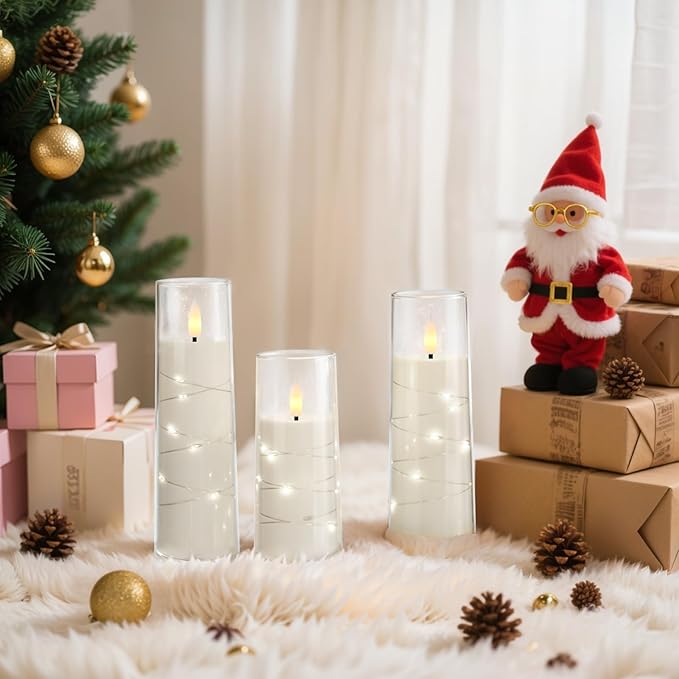 Raycare Flameless Candle with Remote Timer, 7 Flickering Acrylic Battery Operated LED Pillar Candles with Embedded Star String for Valentine's Day, Home Decor, and as a Gift(White)
