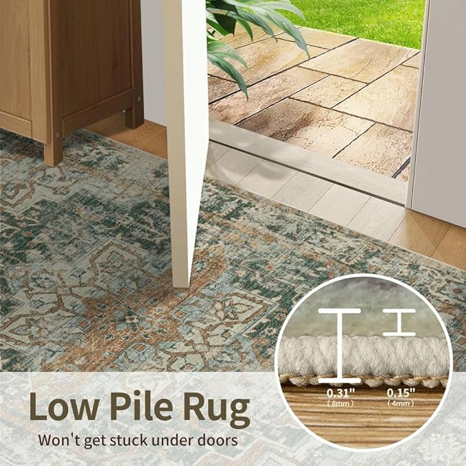 Rugxara 3x5 Rug for Entryway Bedroom, Green 3x5 Washable Area Rug, Vintage Retro Boho Throw Rug, Non Slip & Low Pile Small Carpet for Indoor Kitchen, Bedside, Living Room, Bathroom and Dining