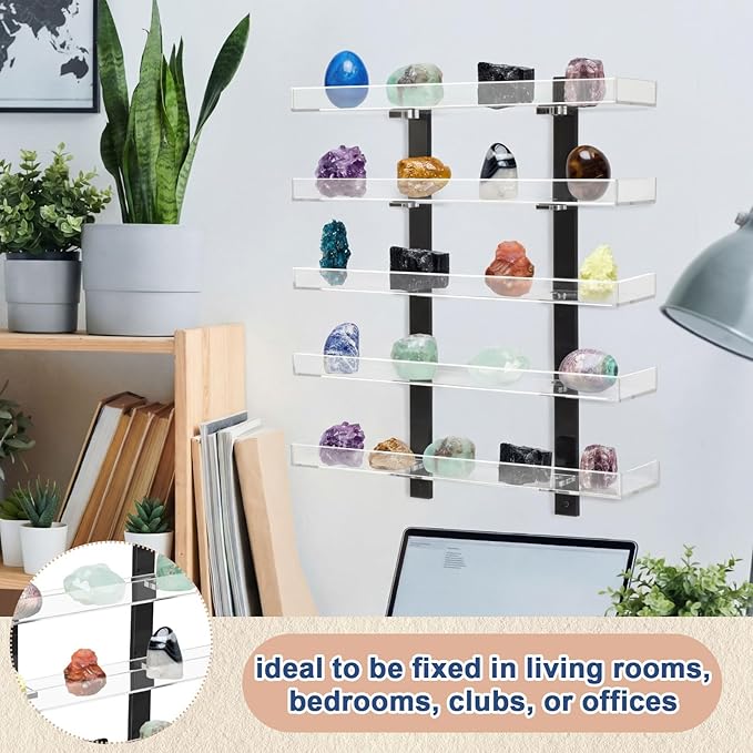 Novabright 5 Layer Rock Display Shelves Clear Acrylic Floating Shelves Wall Organizer for Stone Collection 11.8" Rock Display Stand for Stone Minerals Gemstones Crafts Figure Perfume for Living Room