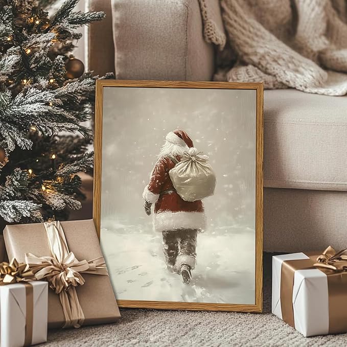 Framed Vintage Christmas Canvas Wall Art, Rustic Santa Claus Walking Snowy Wall Decor Paintings, Winter Holiday Aesthetics Pictures Print Christmas Home Decor for Living Room Bedroom 12×16 inch