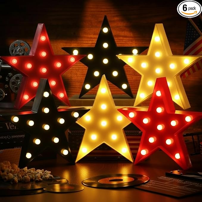 VIHOSE 6 Pcs Marquee Star Lights LED Star Signs Light up Movie Theater Decor Battery Operated Night Light for Gifts Birthday Party Home Movie Decor (Red,Black,Warm)