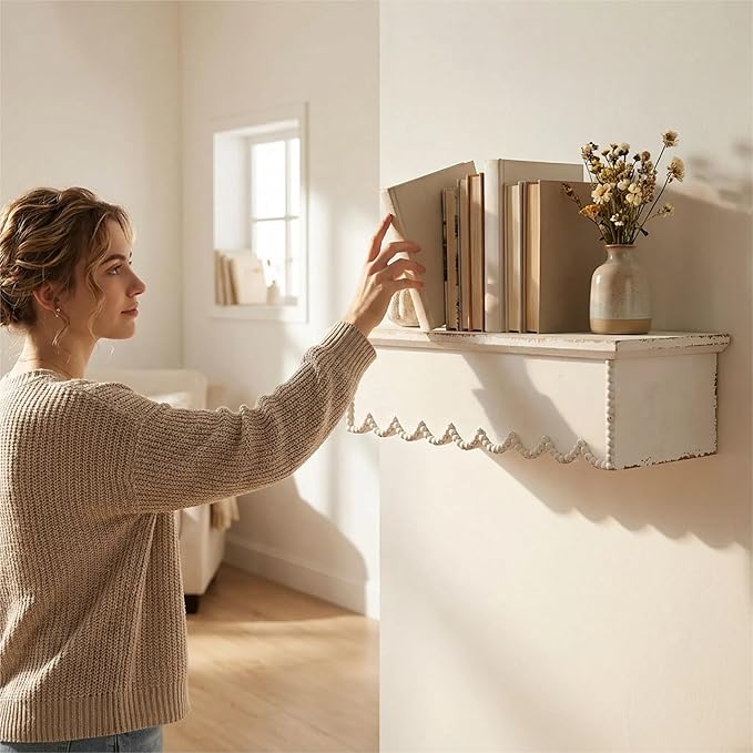 SOFE Rustic Wood Shelves for Wall - Shelf for Bedroom Bathroom Kitchen Small - White Scalloped Shelves - Bookshelf Storage Organizer - Plant Collectibles Display Shelving Wall Mounted