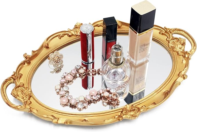 Funerom Vintage 36.8 x 25.4 cm Gold Mirror Tray Decorative Tray Bathroom Tray Serving Tray Oval