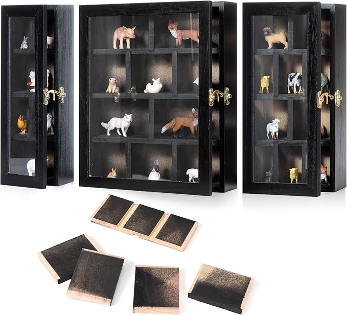 DoubleFill Set of 3 Wooden Trinket Display Shelf Shadow Box with Shelves 10 x 15 Inch Large Wall Mounted Display Storage Mini Figures Curio Trinket Medals Crafts Collections(Black,Box Shape)
