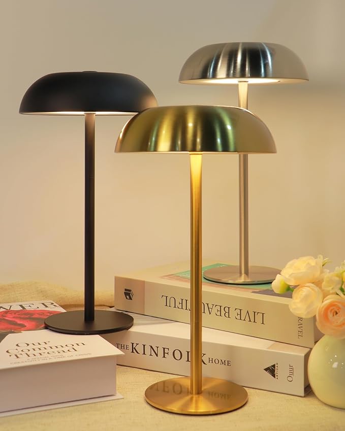 Portable Mushroom Table Lamp with 5200mAh Battery, 11'' Cordless LED Night Light with Stepless Dimming, 3 Color Modes & Adjustable Height for Bedroom/Patio/Bar Decor/Coffee Shop Ambiance (Gold-tall)
