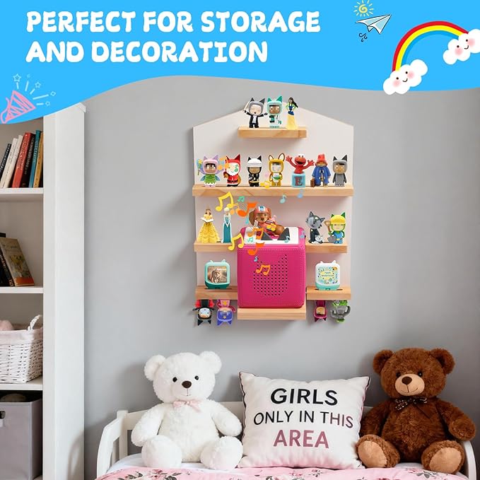 Gieanoo for TonieBox 2/1 Toniebox Shelf, Magnetic Shelf for Tonies Pine Wooden Floating Wall Shelves Organizer Compatible with Tonie Box Player and Tonie Figures Storage(White)