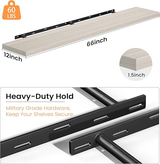 Fun Memories 66 Inch Floating Shelves, 12 Inch Deep Wall Shelf for Fireplace Mantel, Gray Deep Storage Shelves for Home & Office, Long Floating Shelf with Invisible Bracket, Set of 2