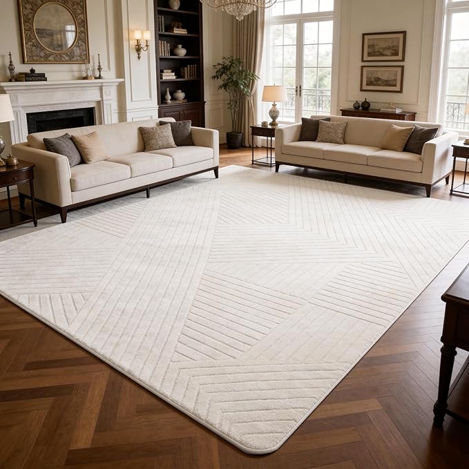 5x7 Solid Color Area Rugs, Washable Beige Modern Geometric Living Room Rug, Durable Non-Slip Soft High-Low Pile Carpet, Fluffy Floor Rugs for Bedroom, Kids Room, Nursery, Home Décor