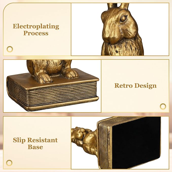 Kathfly Easter Bunny Bookends, Decorative Gold Rabbit Bookends for Shelves Vintage Resin Rabbit Book Ends, Cute Animal Bookend Supports for Home Office, Housewarming Gift, Set of 2