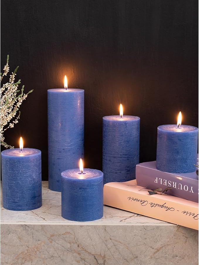 CANDWAX Dark Blue Pillar Candles 3x8 Inch – Set of 2 Unscented Dripless Large Candles, Rustic Style for Weddings, Home Decor, Events