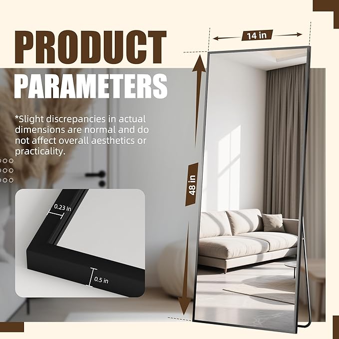Antok Over The Door Mirror Full Length, 49'' x 14''Wall Mounted Hanging Mirror, Aluminum Alloy Frame, Shatterproof Glass, No Drill Installation for Bedroom, Closet, Bathroom, Dorm, Rect Corner,Black