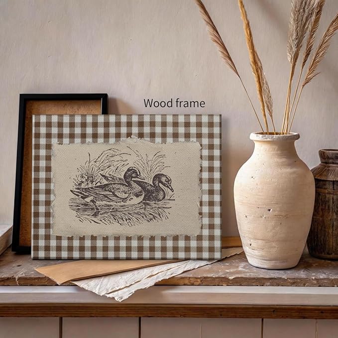 Nature Duck Animal Poster Vintage Brown Gingham Canvas Wall Art Rustic Cottagecore Pond Prints for Country Farmhouse Wall Decor 08x10 inch Wood Framed