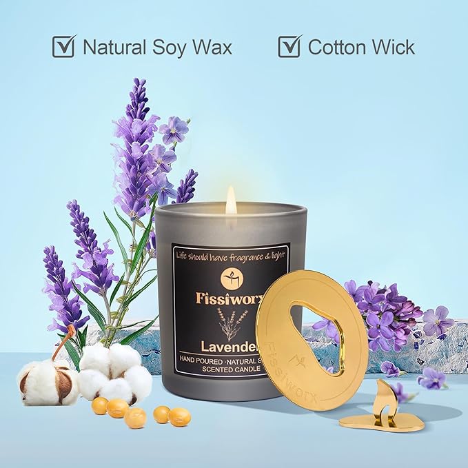 FissiWorx Lavender Scented Candle with Candle Topper – Natural Soy Wax Hand-Poured – Relax and Relieve Stress – 60-Hour Long-Lasting Burn – Premium Aromatherapy Candle for Home Decor, Gifts