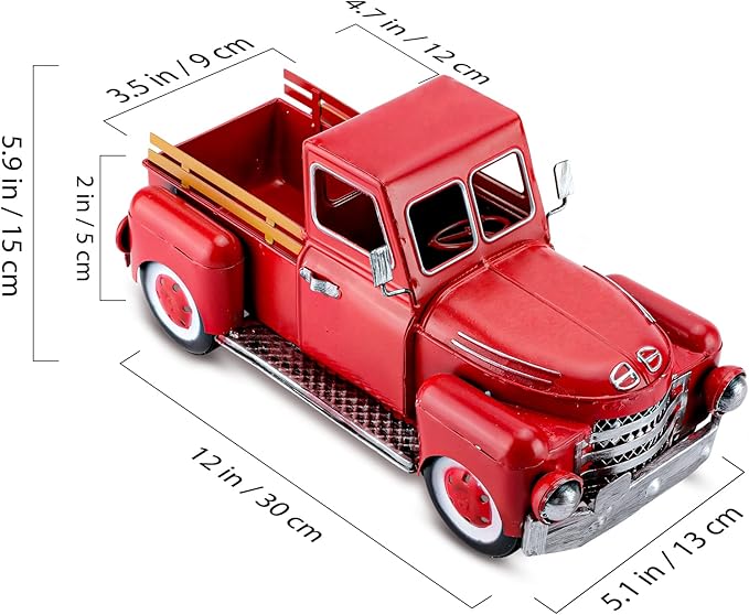 Vintage Red Truck Decor, Farmhouse Metal Outdoor/Indoor Pickup Planter, Christmas Red Trucks Decorations, Decorative Tabletop Storage,Gift Basket for Holiday