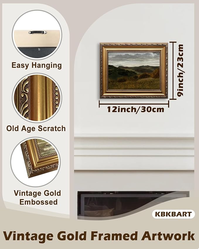 KBKBART Gold Framed Vintage Landscape Wall Art Home Decor, Retro Mountain Vintage Painting Prints, Moody Countryside Farmhouse Landscape Wall Decor, Canvas Wall Art for Living Room Bedroom Home Bathroom Wall Decor-9"x12"
