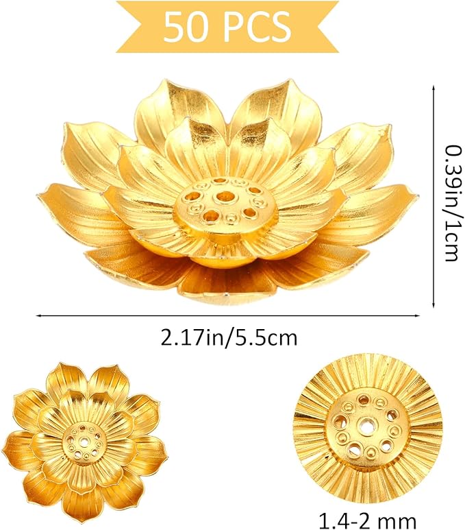 Kifmurase 50Pcs Incense Holder with Stick Tray, Gold Lotus Sticks Incense Burner, Cone Burner Ash Collector for Home Fragrance Yoga Sauna SPA, Anti Ash Spilling