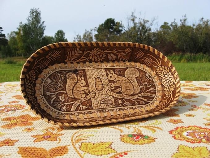 Birch Bark Bread and Pastry Basket, Bread Storage Container and Fruit Basket for Serving Set (Squirrels Design)