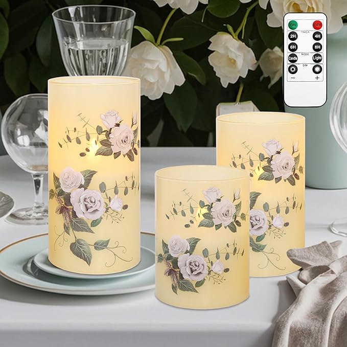 Flameless Candles with Remote & Timer, Love Theme Battery Operated Flickering Glass Rose LED Candles, Bedroom Home Christmas Valentine's Day Decor Table Ornament, Set of 3