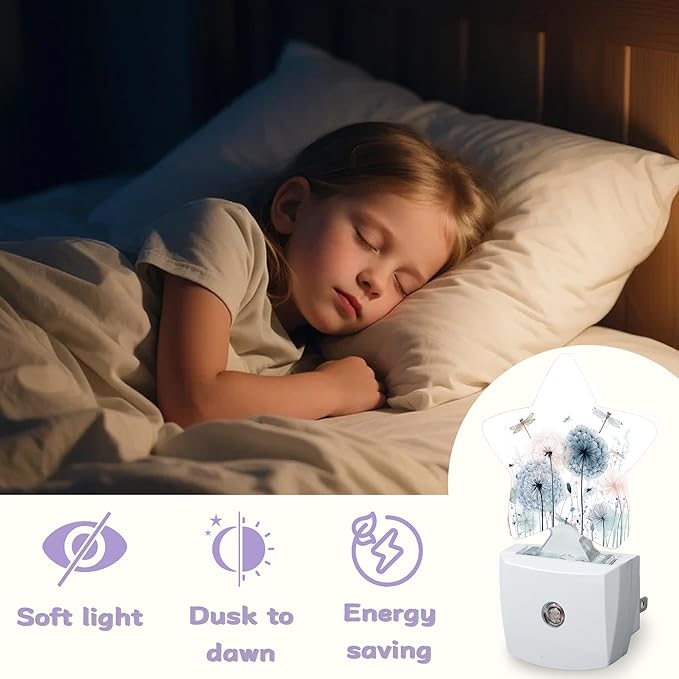 Dragonfly Decorative Nightlight Plug in Wall,Color Dandelions Star Shaped Night Light with Built in Sensor for Home Decor,Kitchen Hallway Stairs Desk Lamp