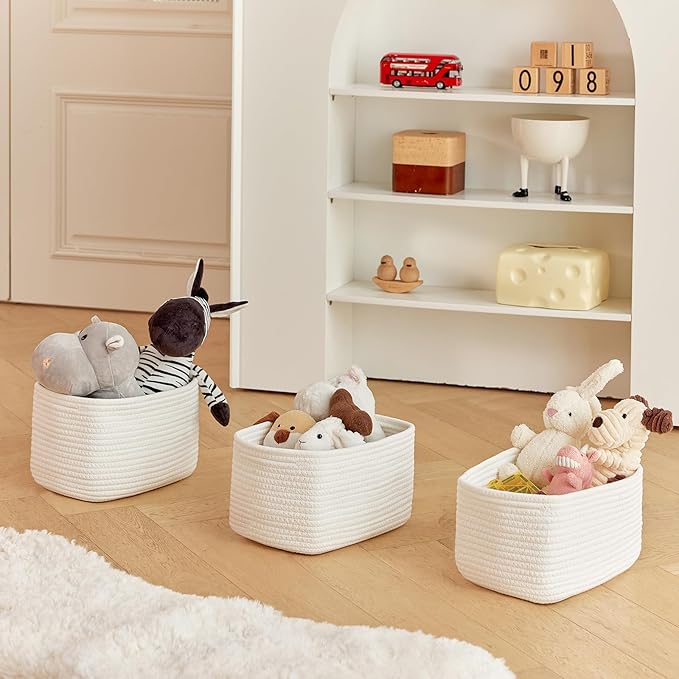 R RUNKA Small Cotton Rope Basket – Storage Bin for Organizing (10.6" x 6.7" x 6.7"), Bathroom Storage Basket for Shelf, Counter & Closet（White）