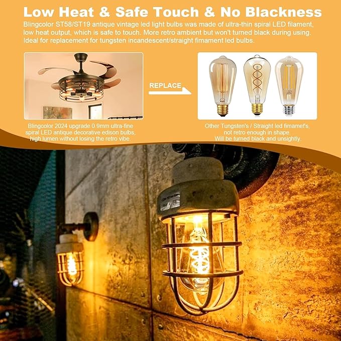E26 LED Vintage Edison Light Bulbs 40W Equivalent, Dimmable E26 Edison Bulbs 4W LED 2700K Amber Warm White Light Bulb, ST58 Antique Decorative Bulb for Pendant Lights Fixtures, 400LM, 4 PACK