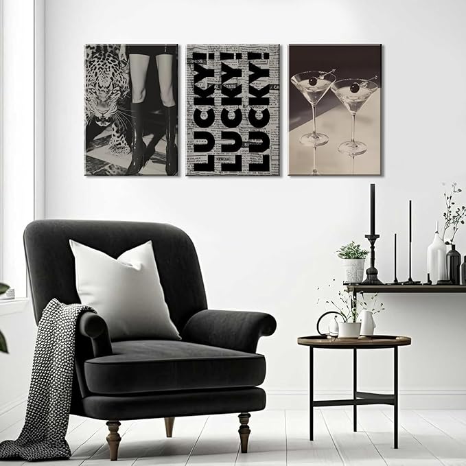 Trendy Leopard Canvas Wall Art Fashion Cheetah Lucky Martini Wall Decor Pictures Funky Vintage Preppy Luxury Aesthetic Posters Prints for Girly Bedroom Apartment Dorm Decoration 12x16in