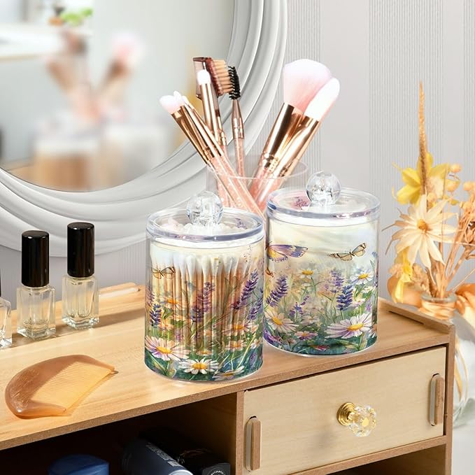Nander 4Pack Beautiful Spring Wildflowers and Butterflies Qtip Holder Dispenser -Clear Plastic Apothecary Jars Set - Restroom Bathroom Makeup Organizers Containers for Cotton Swab, Ball, Pads, Floss