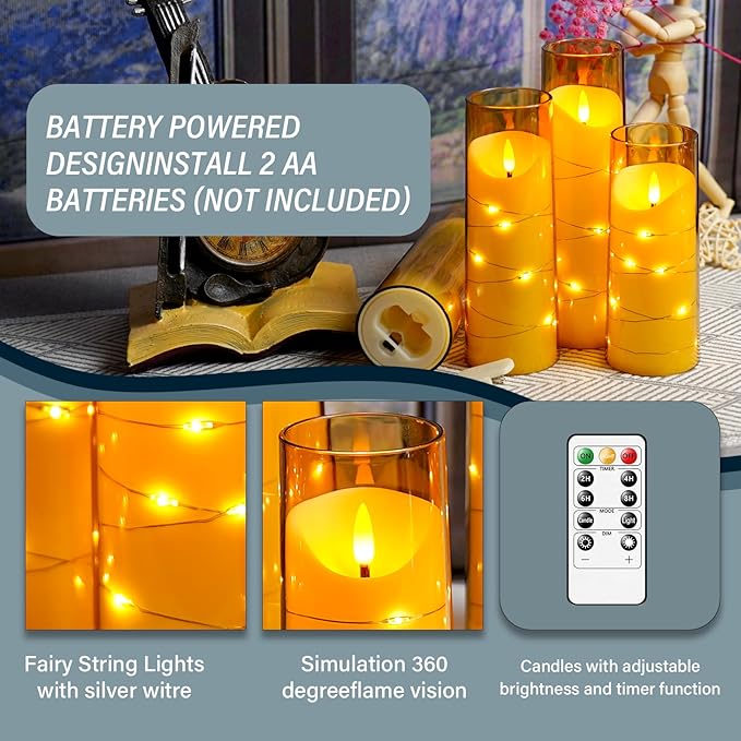 Eebuss Flameless Candles with Embedded Star String, Battery Operated LED Pillar Candles with Timer and Remote Control,Home Decorating for Ambiance， Set of 9 (Gold)