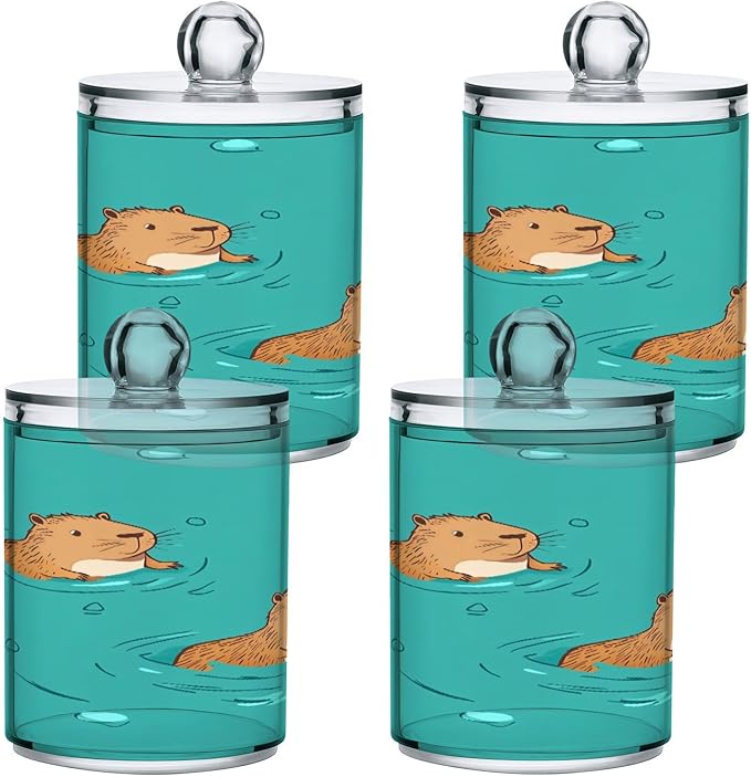 Nander 4Pack Cute Cartoon Capybara Qtip Holder Dispenser -Clear Plastic Apothecary Jars Set - Restroom Bathroom Makeup Organizers Containers for Cotton Swab, Ball, Pads, Floss