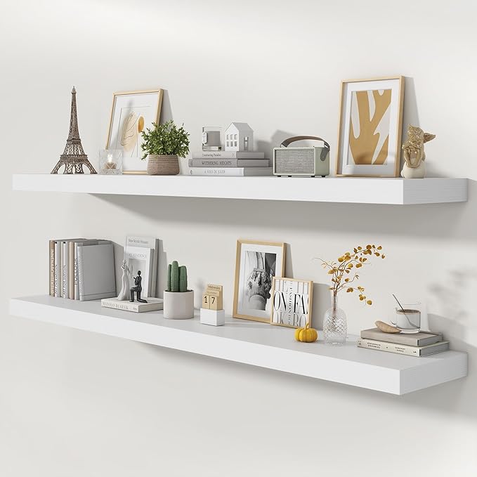 FLYJOE 72 Inch Floating Shelves | 12 Inch Deep White Floating Shelves Set of 2 | 72" W x 12" D Rustic White Wood Wall Shelves for Bathroom Living Room Kitchen Laundry Room
