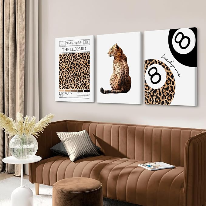 Trendy Leopard Wall Art Cheetah Print Canvas Wall Decor 8 Ball Poster Preppy Room Aesthetic Pictures Funky Coquette Vintage Prints Y2k Fashion Lucky Posters for Bedroom 16x24x3 Inch Wrapped Canvas