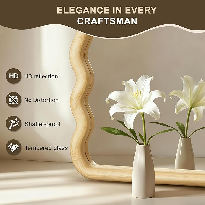 Wavy Mirror for Wall, 30"x20" Boho Bathroom Floor Vanity Mirror with Wooden Frame, for Bedroom, Living Room, Entryway, Farmhouse