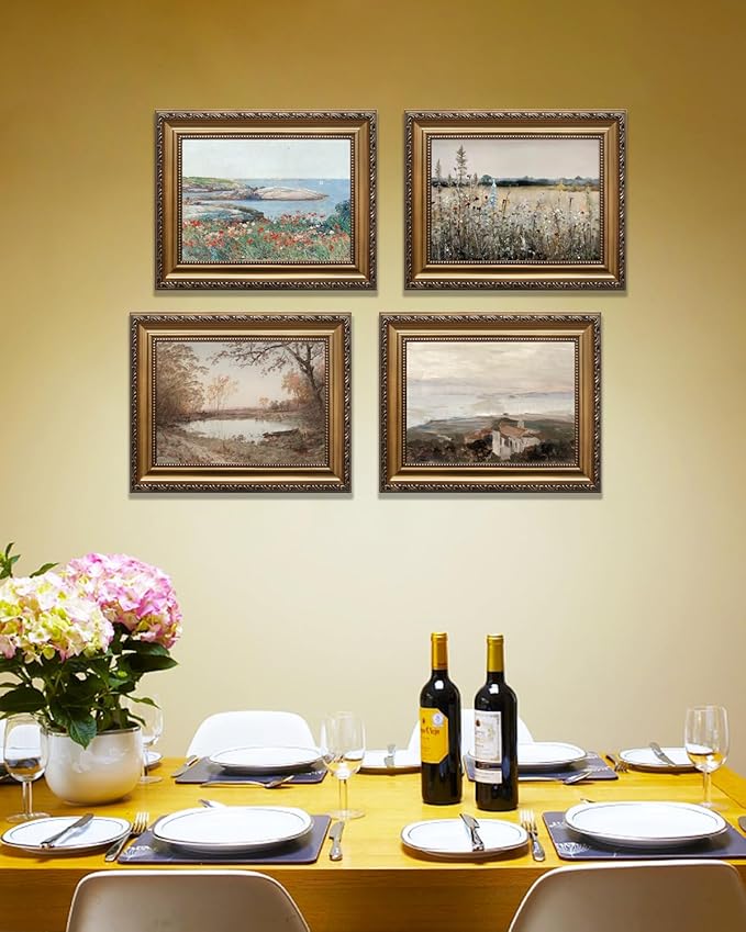 KBKBART Vintage Framed Wall Art for Living Room, French Wildflowers Field Vintage Art Print, Neutral Country Meadow Landscape, Gold Framed, 12''x16''