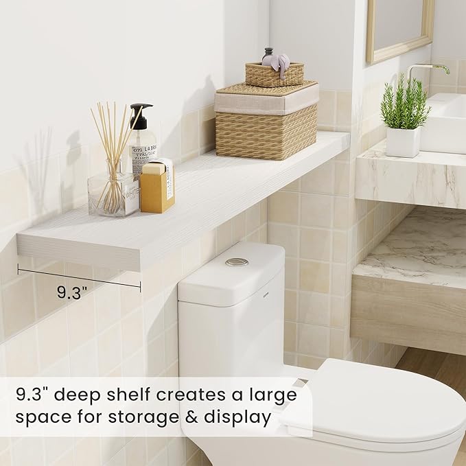 Fun Memories 48 Inch White Floating Shelves, 9.3 Inch Deep Wall Shelves for Living Room|Bedroom|Kitchen, Rusitc Wall Mounted Bathroom Shelves 2 Pack, Heavy-Duty Deep Shelf for Books，Decor