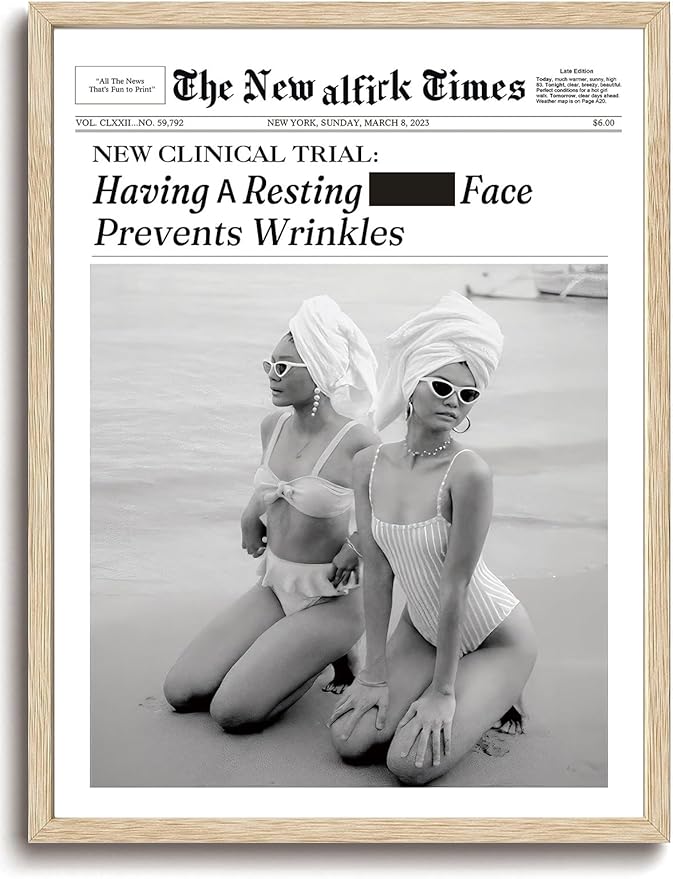 Bwodke OAK Wood Framed Wall Art Having A Resting Face Prevents Wrinkles Canvas Art Vintage Newspaper Pictures Wall Decor Hot Girls Prints Trendy Artwork for Girly Dorm Bedroom 12"x16"