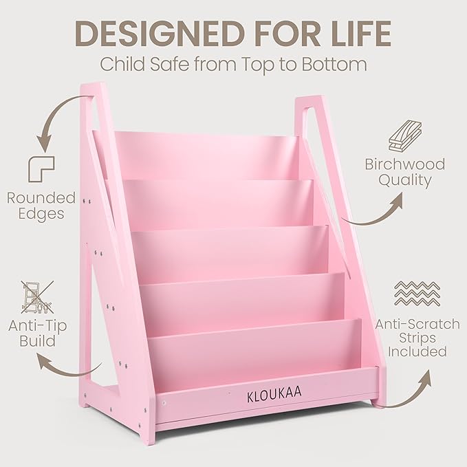 Kids Book Shelf Organizer, Wooden Children’s Bookcase with Front-Facing Storage for Toddlers & Kids (Pink)