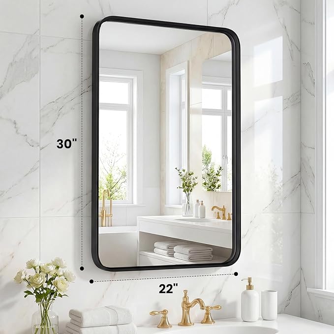 OLIXIS Bathroom Mirror for Over Sink, 22x30 Inch Wall Rectangle Mirror with Matte Metal Framed, Modern Wall Mount Vanity Mirror for Home Decor, Living Room, Bedroom, Black