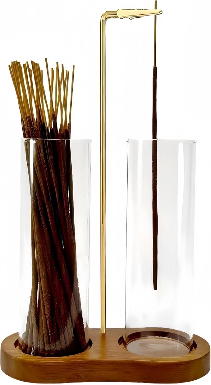 Incense Holder,2 in 1 Incense Sticks Burner Holder with Storage,Hang Upside Down Incense Holder for Sticks with Glass Ash Catcher for Meditation Yoga Spa Room Decor (Brown)